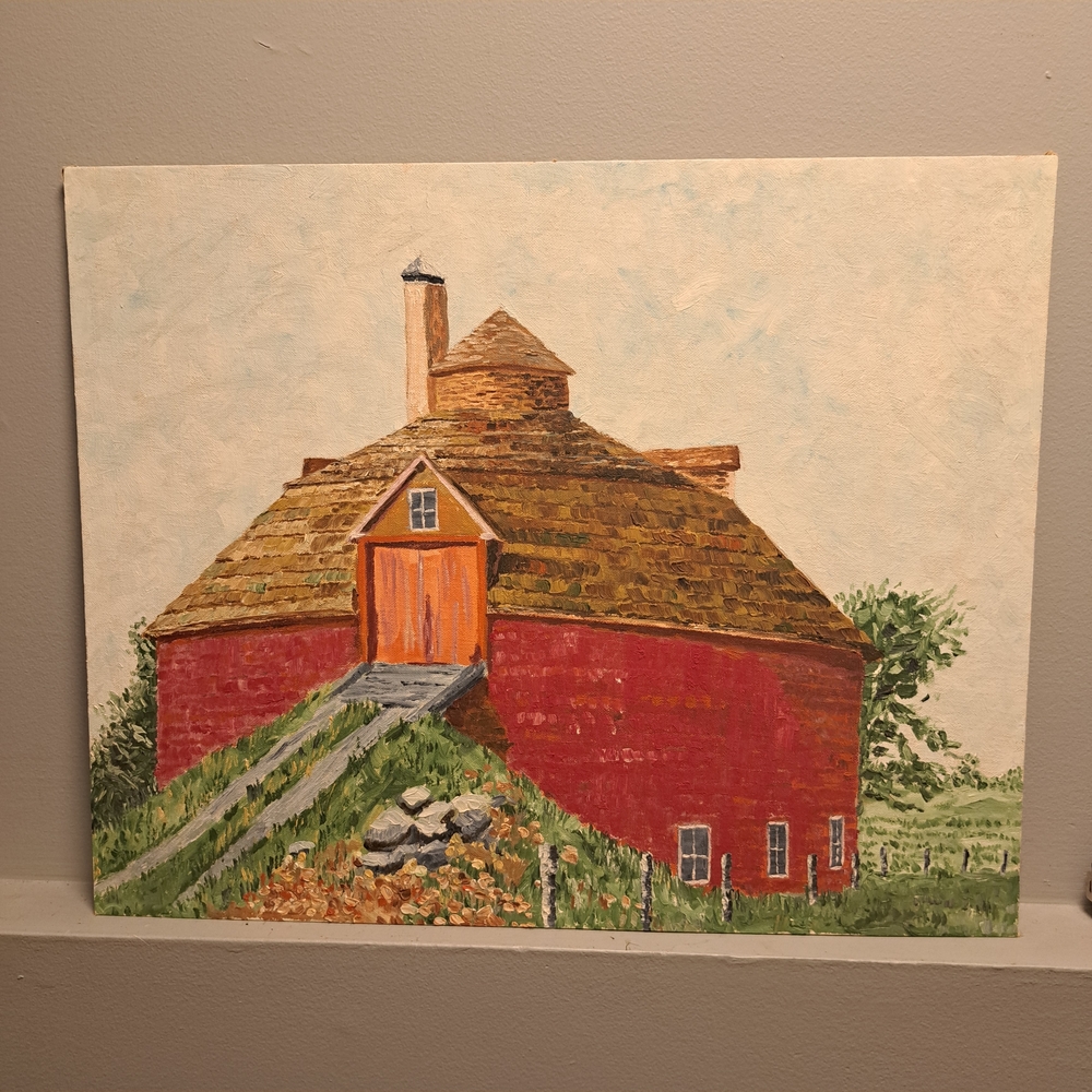 Red Round Barn Oil Painting - Rustic Home Art